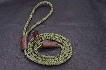 Hand-sewn Olive Green Custom Slip Lead in Thin 8mm Nylon Rope - Longline Slip Lead