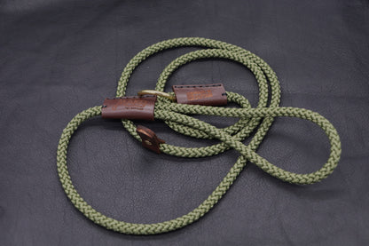 Hand sewn Traditional Gundog Slip Lead - Solid Brass and Brown Leather shroud with Nylon Rope