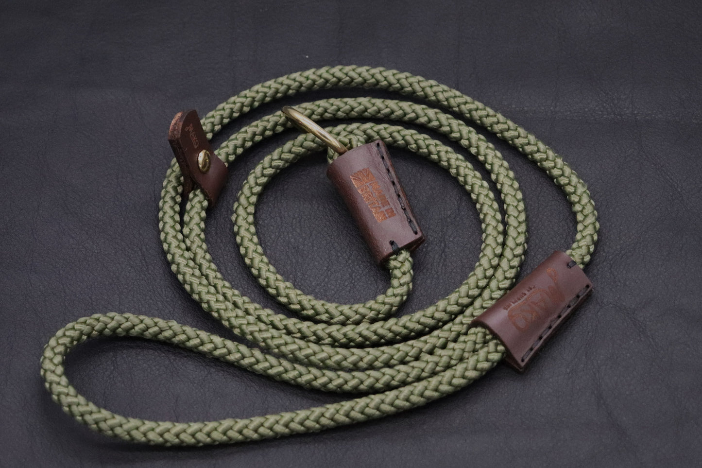 Hand sewn Traditional Gundog Slip Lead - Solid Brass and Brown Leather shroud with Nylon Rope