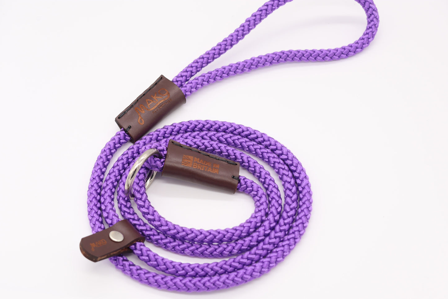 Hand sewn Traditional Gundog Slip Lead - Solid Brass and Brown Leather shroud with Nylon Rope