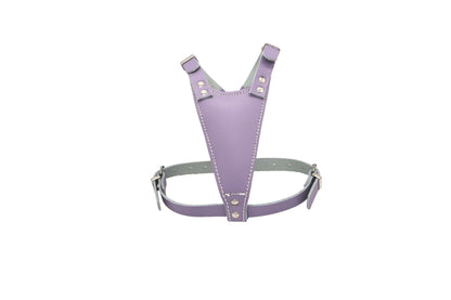 A lilac leather puppy harness, very simplistic in design with nickel buckles for adjustment.