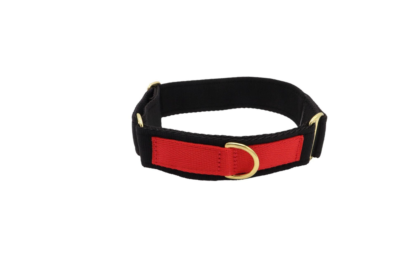 A wide black dog collar with a red back piece to hold the ring to connect to a lead with brass fittings. This looks similar to a martingale collar but does not tighten in the same way.