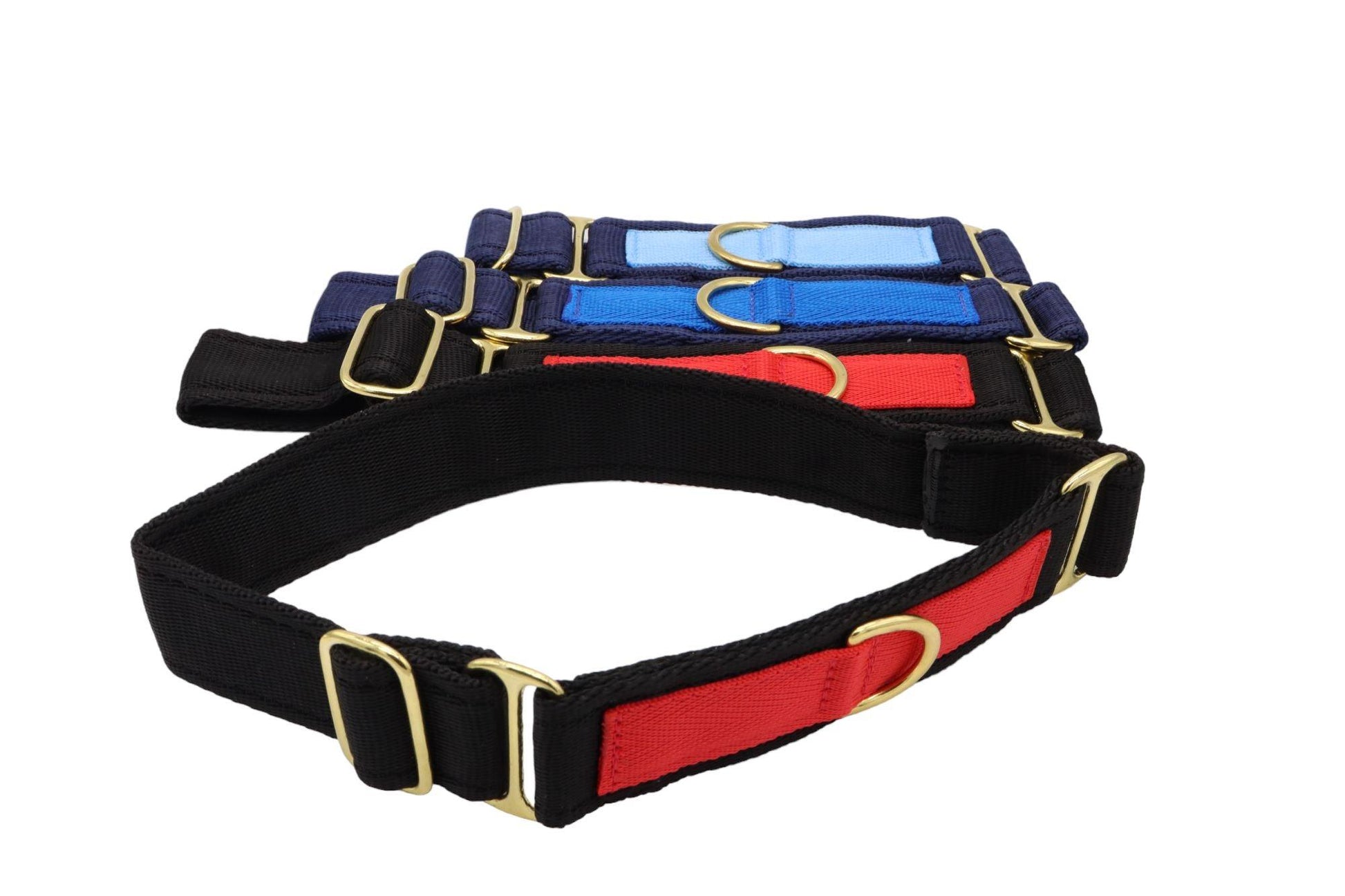 A black and red martingale style collar without the usual 'slip' style. In the background are the navy and light blue and navy and blue styles too.