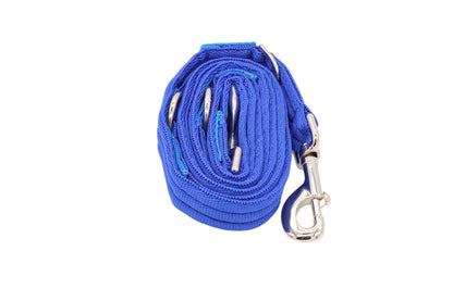 A tightly wound blue multi-purpose training lead with three rings and two trigger hook attachments. 