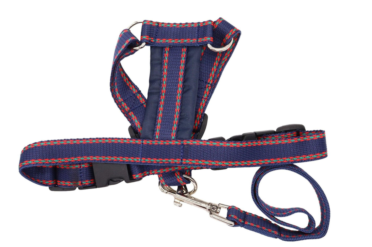 Navy nylon webbing car safety harness with a red and green pattern down its edges and a soft padded chest piece.