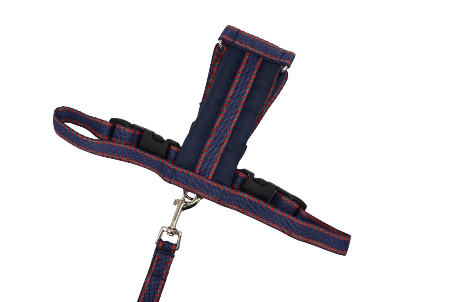 Patterned navy dog harness with a rectangular padded chest plate