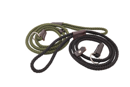 Two slip leads. One black and one olive green with brown leather bindings to give a very traditional style to the slip leads. They are 8mm wide.