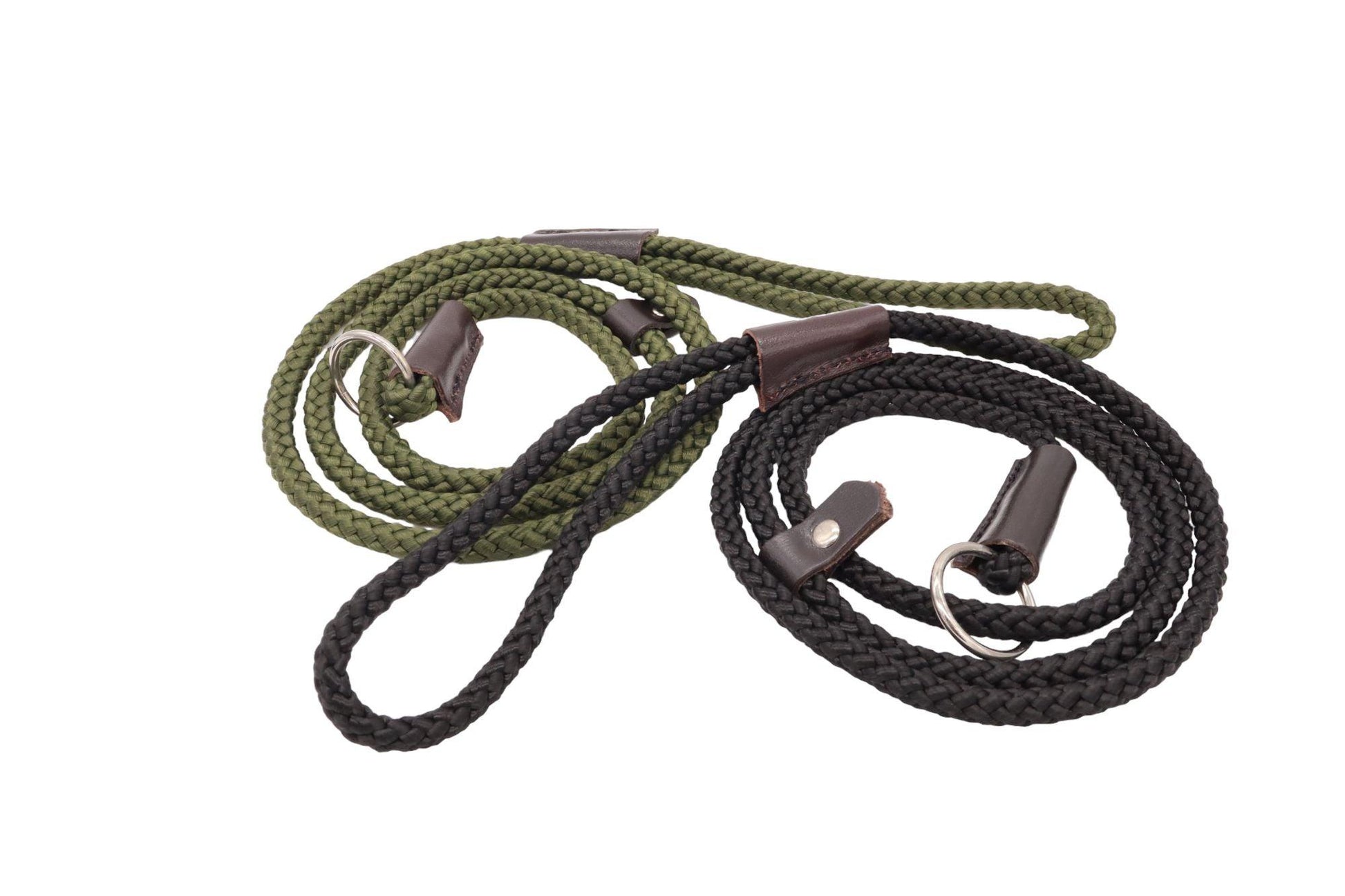 One olive green and one black traditional slip lead laid over one another.