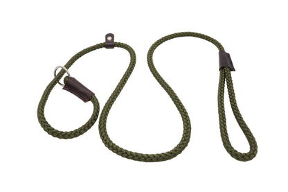 A thin olive slip lead with brown leather bindings and a nickel ring in a loose m shape.