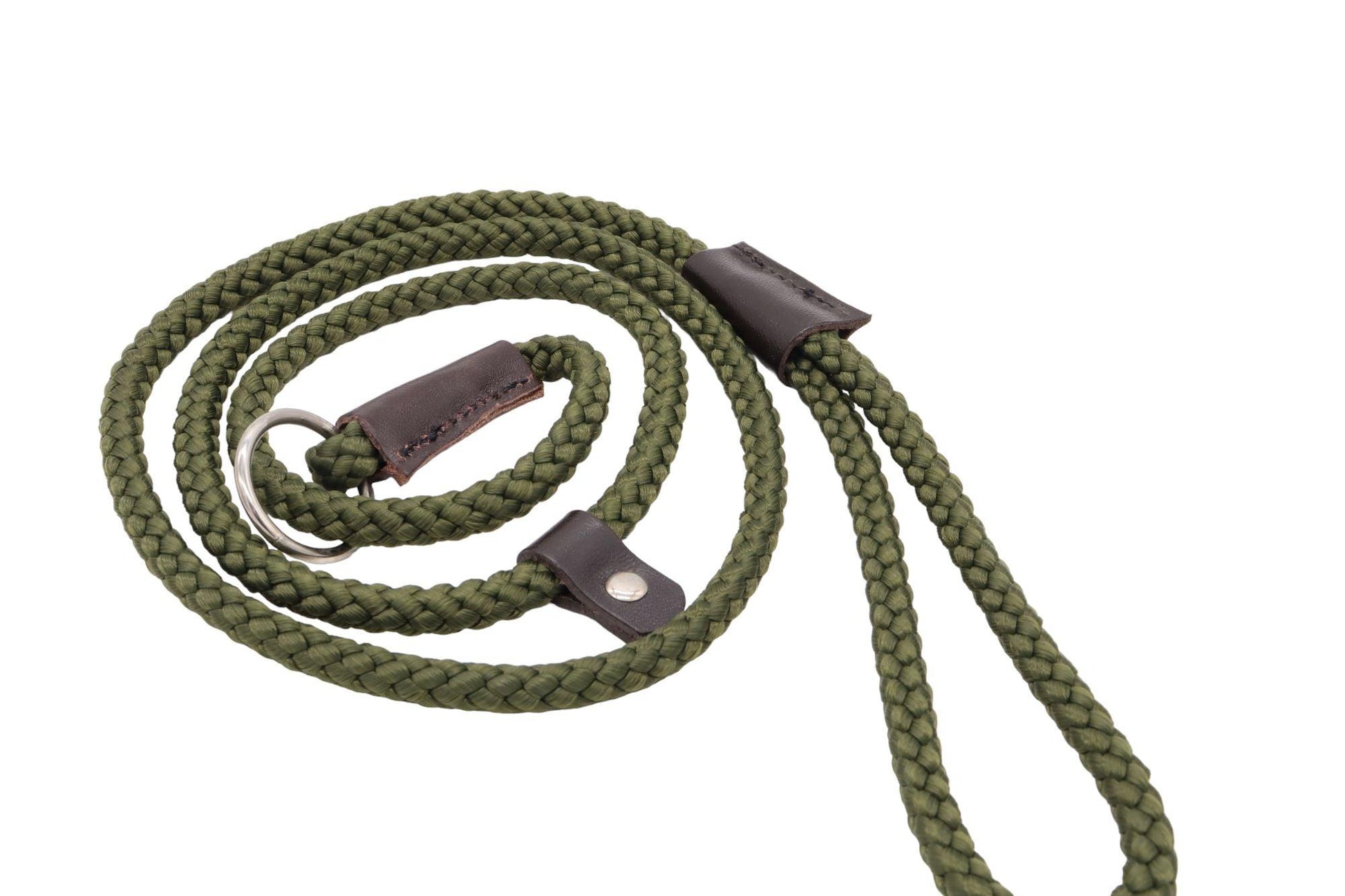 A close up of an olive green slip lead. Nylon braid lead with leather bindings and stopper.