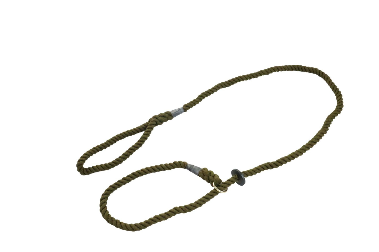 A horseshoe shape made of the olive green cotton slip lead with a rubber stopper.