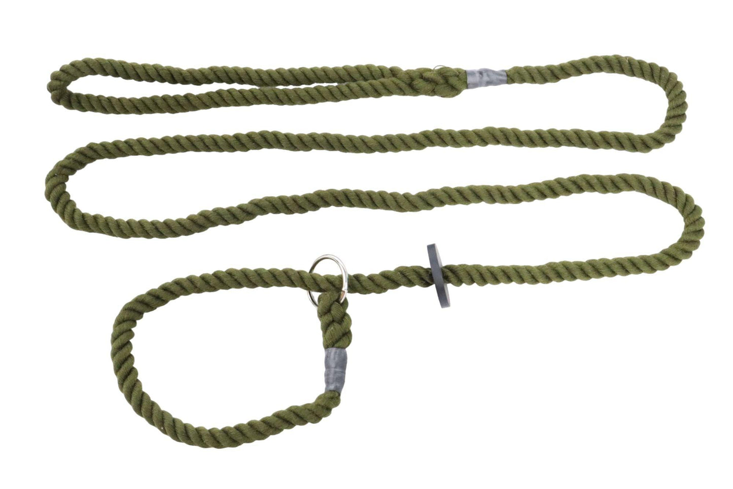 A beautiful hand spliced cotton rope slip lead in olive green. With a rubber stopper and bindings. The lead is extremely soft for its durability!