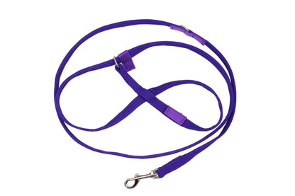 A dark purple softex figure of 8 dog lead with a trigger hook for the handle and an added ring so that it can be used as a normal figure of 8 lead or shortened and connected to the end of the '8'.