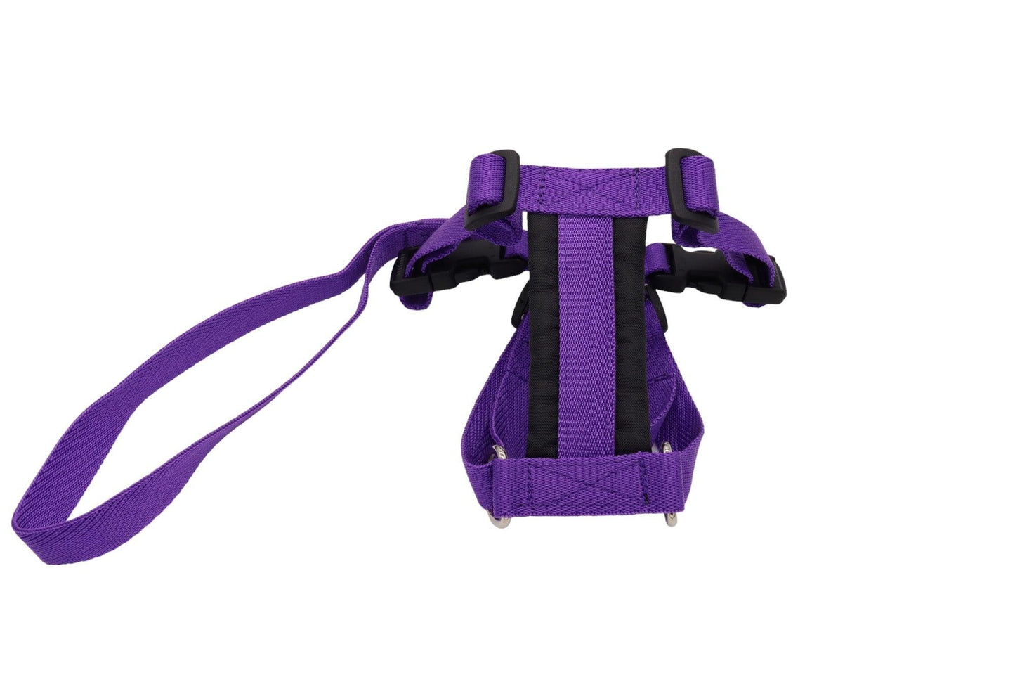 Purple car safety harness with a soft padded chest piece.