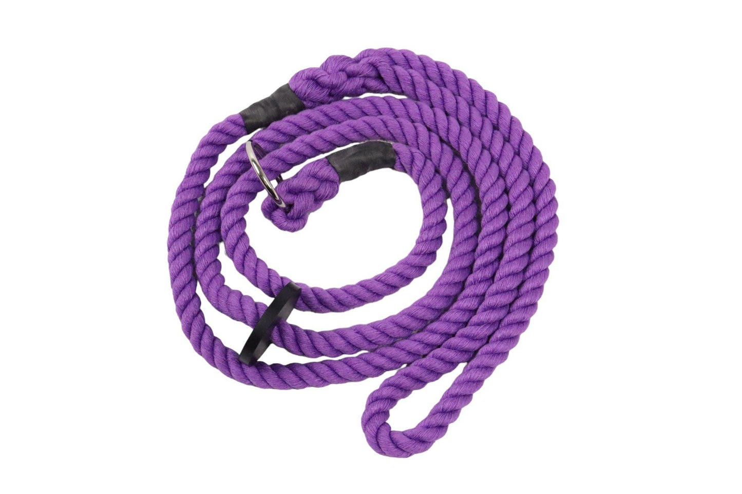 A tightly wound purple rope spiral. This slip lead is accented with rubber stoppers and a nickel ring.