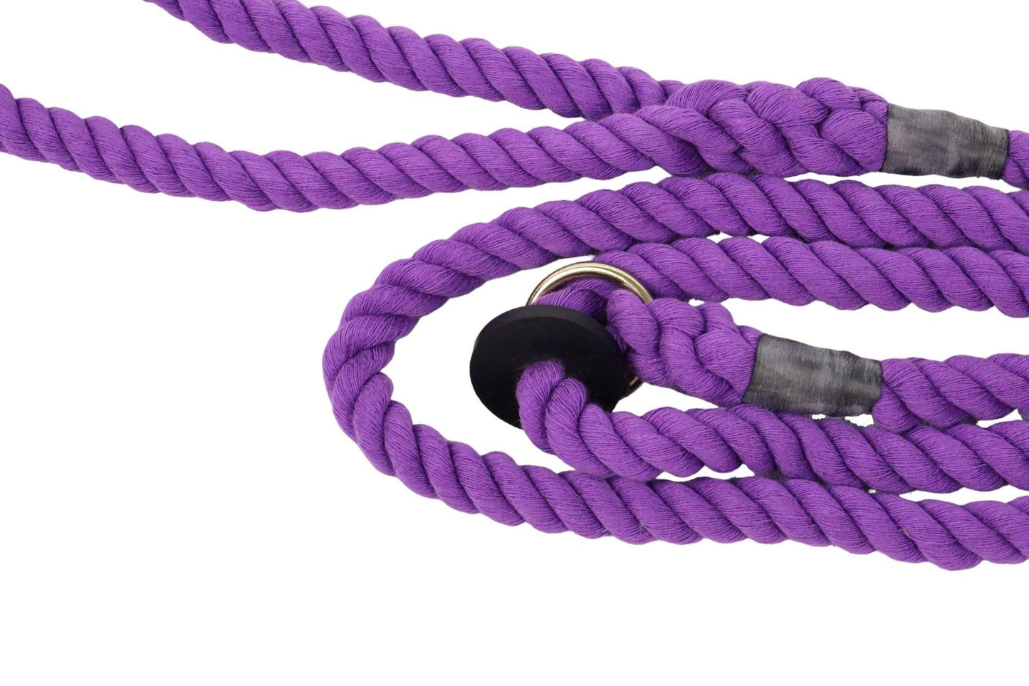 A close up of the fibres of the purple slip lead as well as the rubber stopper and ring.