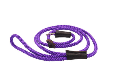 Our vibrant purple slip lead in a tight nylon braid. There are embossed leather bindings and a leather stopper.