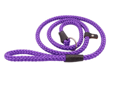 Brightly coloured purple slip lead for dogs. In a nylon braid material and texture, with leather bindings and stopper to adorn the lead.