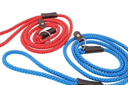 Two slim slip leads one in red one in blue, in nylon braid with leather bindings and stopper. On the leather handle binding is a Mako emblem embossed into the leather.