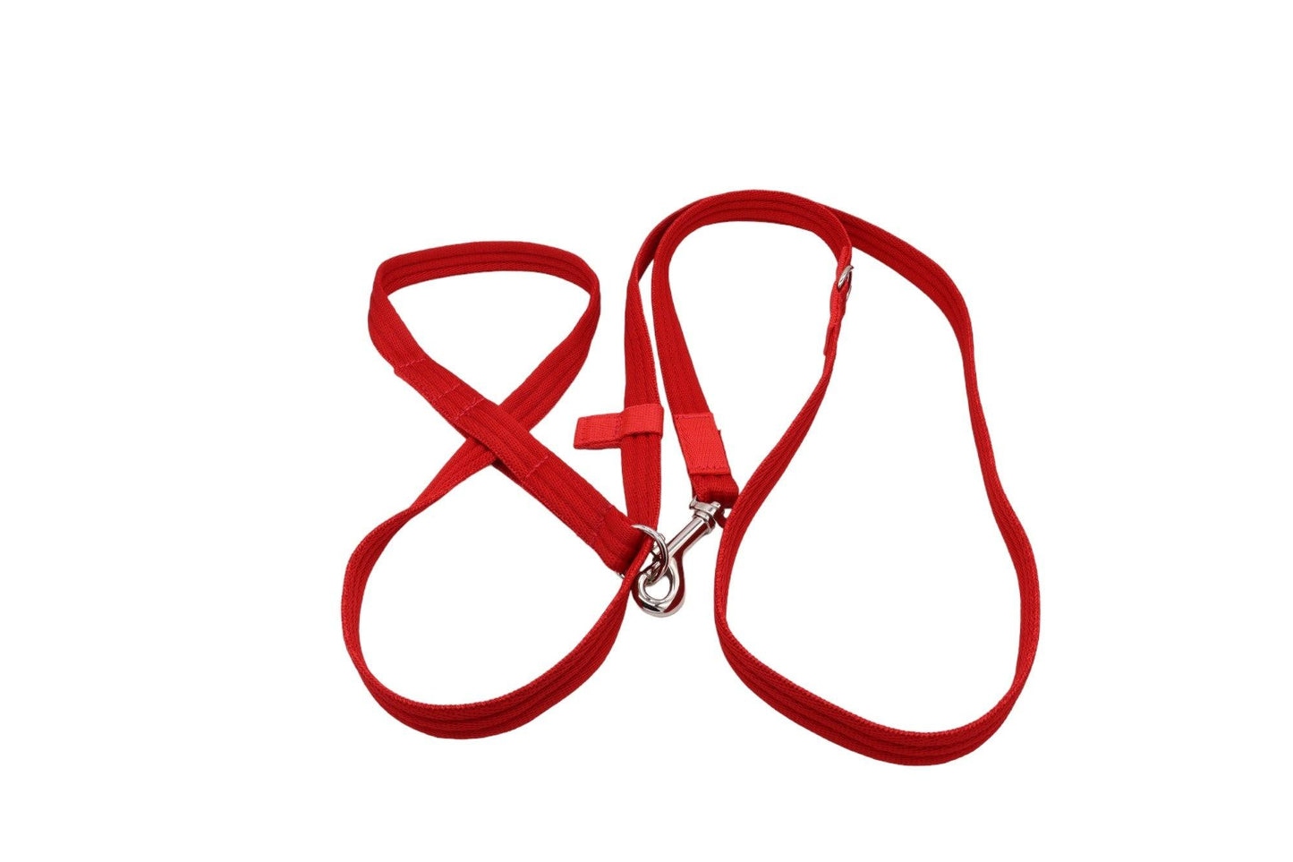 A red softex figure of 8 dog lead with a trigger hook for the handle and an added ring so that it can be used as a normal figure of 8 lead or shortened and connected to the end of the '8'.