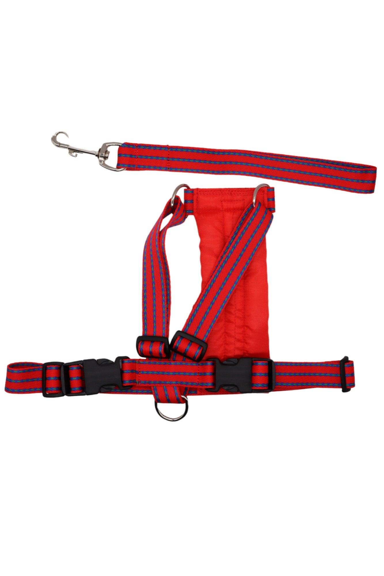 Red patterned car safety harness with nylon webbing and a cushioned padded chest plate.