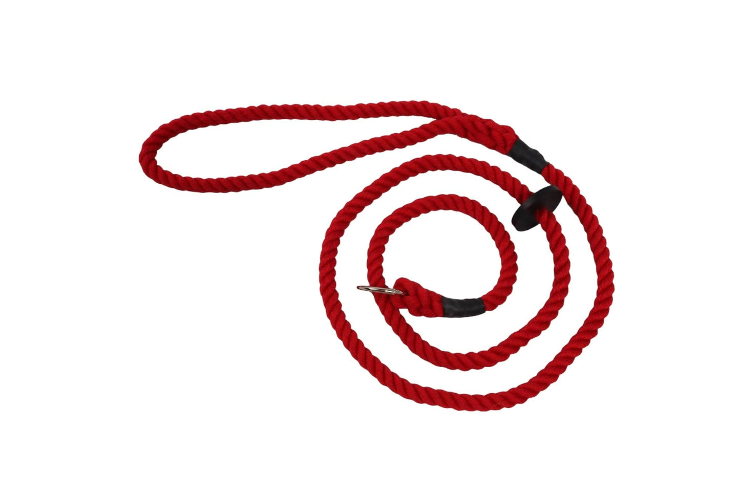 Bright Red cotton slip lead in a spiral with the neck loop and rubber stopper in the centre of the spiral.