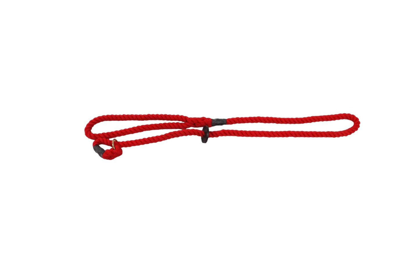 A bright red cotton slip lead with a rubber stopper. The lead is a hand-made hand-spliced soft cotton rope lead.