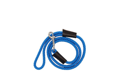 A 8mm braided rope dog lead in a bright blue with leather bindings. There is a Mako embossing on the leather binding around the handle. The lead is in a spiral on a white background. There is a trigger hook in the centre.