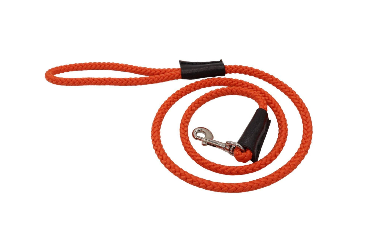 A 8mm braided rope dog lead in orange with leather bindings. There is a Mako embossing on the leather binding around the handle. The lead is in a spiral on a white background.