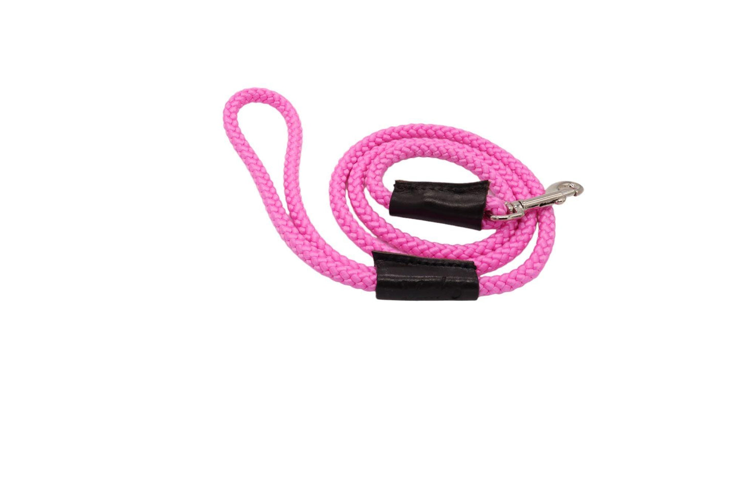 A thick pink rope lead wrapped in a tight circle. It has leather bindings around the connection between handle and single rope length.