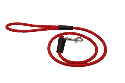 A red braided dog lead with leather bindings and a trigger hook clip.