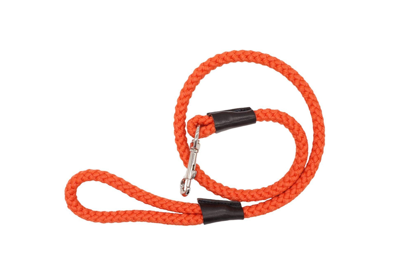 A 12mm braided rope dog lead in orange with leather bindings. There is a Mako embossing on the leather binding around the handle. The lead is in a spiral on a white background.