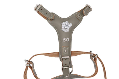 A beautiful Sage green Staffy harness made of a strong leather with white stitching and a padded breast plate.