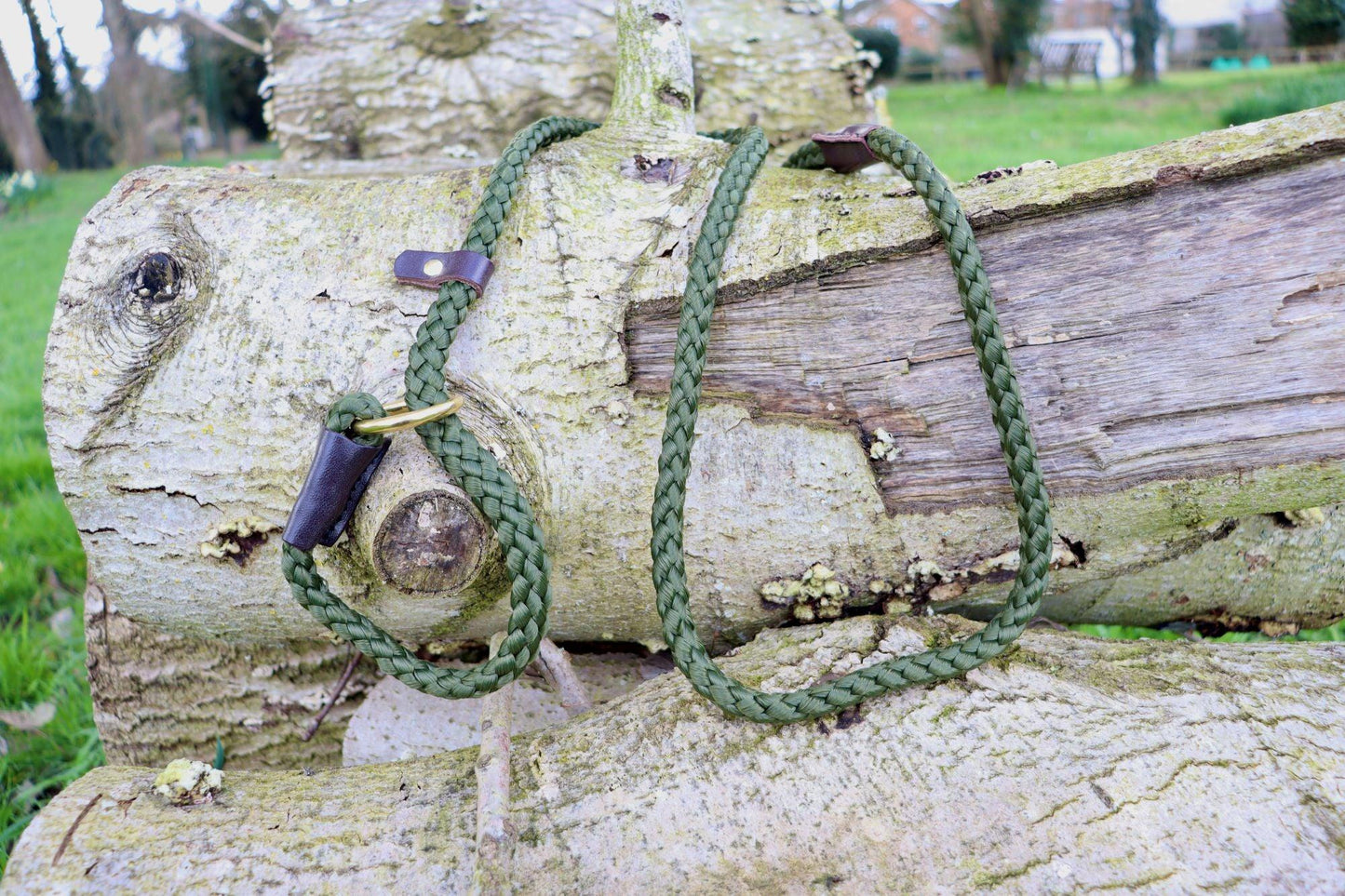 A 12mm thick olive green slip lead draped over an old cut log in a large grassy field.